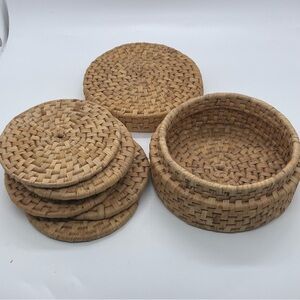Woven Rattan Coasters (6) with Matching Holder - Natural Tan Boho Vibes